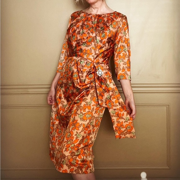 Vintage orange floral Mad Men dress size 10 - Picture 1 of 8